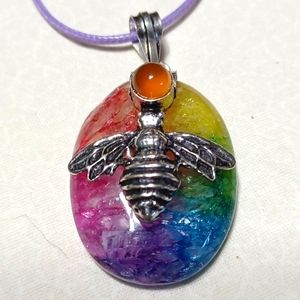 Rainbow solar agate pendant bee carnelian silver golden bug wings necklace gems